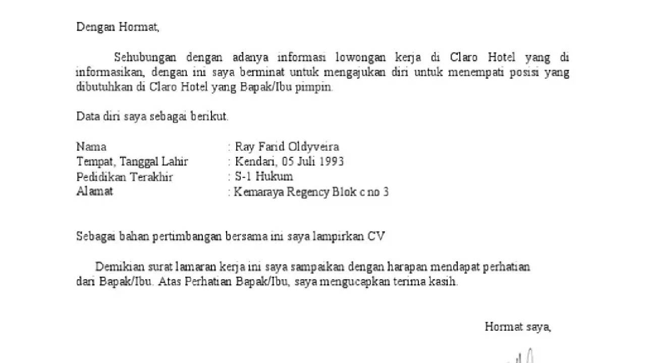 contoh surat lamaran kerja di hotel